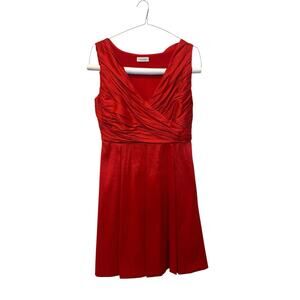 Women's Calvin Klein V-Neck Ruched and Pleated Scarlet Midi Dress Red Size P
